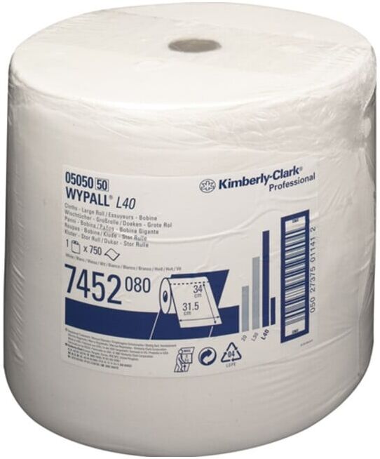 Torchon Wypall L40 7452 L340xl320env. mm 1 couche blanc 1 rouleau x 750 serviett ; Kimberly-Clark (7452)