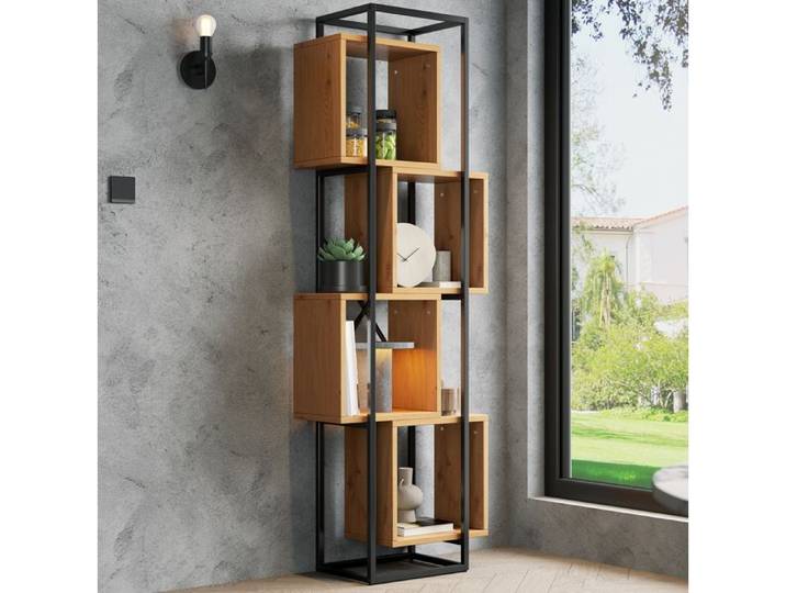WOVREO Bibliothèque ouverte 59 x 30 x 180 cm étagère sur pied en MDF et métal noir 4 compartiments