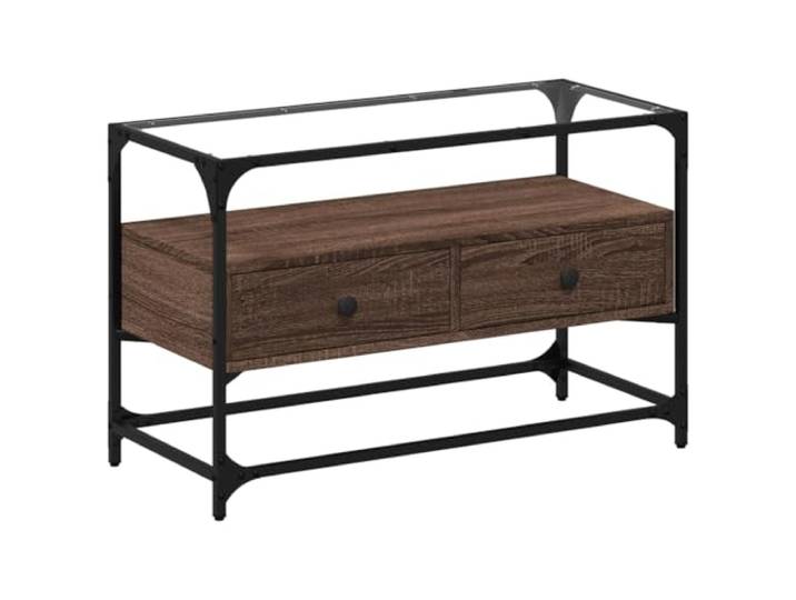 KUPTYERFG TV-Schrank mit Glasplatte Braun Eiche-Optik 80x35x51 cm Kompakter TV-Ständer für Wohnzimmer und Schlafzimmer, ausgestattet mit Glasoberfläche, 2 Schubladen und Metallrahmen.