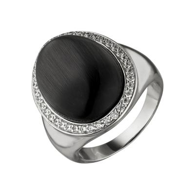 Fingerring JOBO Gr. 50, schwarz, Fingerringe, Damen, 50, Silber 925 (Sterlingsilber), Fingerring, 925 Silber mit Mondstein-Imitation und 38 Zirkonia