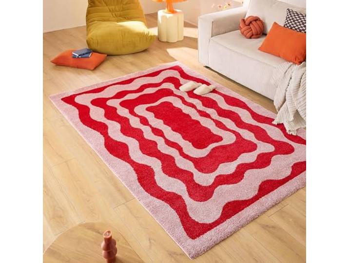 Nazar Tapis Groovy\, Coloré\, Vintage\, Rétro\, Géométrique\, Orange\, Jaune\, Rose\, Rouge\, Moelleux et Confortable\, Tapis Salon