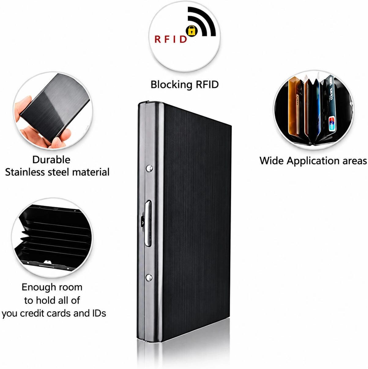 INF RFID-Kartenetui mit 6 Fächern, Edelstahlgehäuse und RFID-blockierender Schutzfunktion Silber