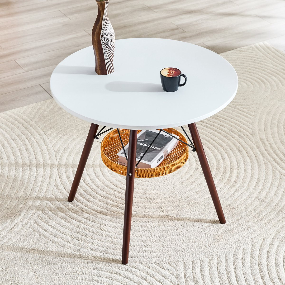 MEUNIQ Ronde Eettafel met Wit MDF Tafelblad en Walnootkleurige Houten Poten, Diameter: 80 cm