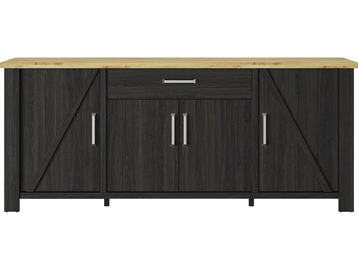 Buffet GAMI Sequoia , schwarz, B:220cm H:93cm T:50cm, Holzwerkstoff, Schränke, Buffet, Wohnzimmer-Programm in Landhaus- und Industrial-Dekor