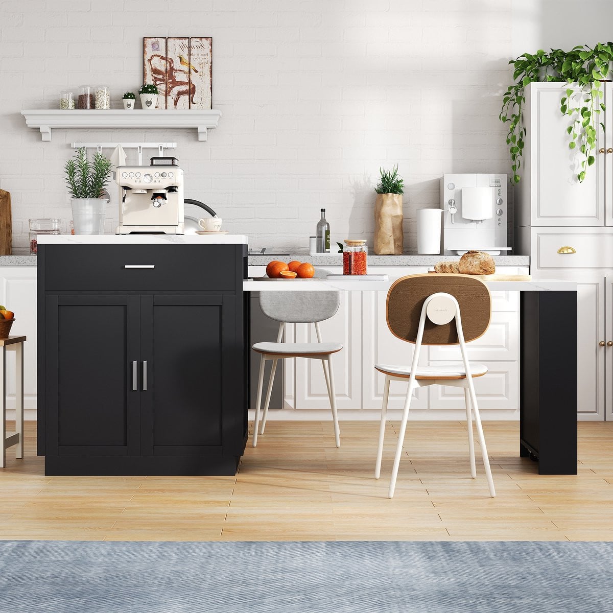 Wishdor Keukeneiland met uitschuifbare eettafel en opbergruimte - Zwart - B: 211 cm, D: 55 cm, H: 89,5 cm