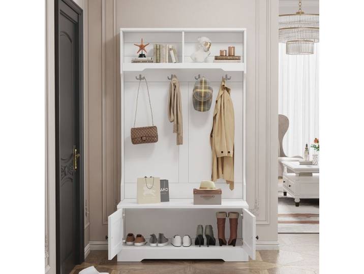Meuble à chaussures d entrée 101.5x183 cm avec banc 4 crochets 2 portes 2 niches blanc