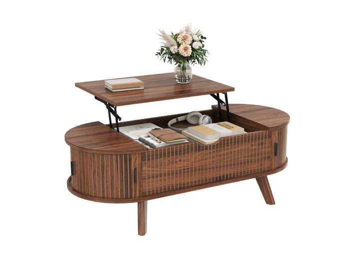 Table basse ovale design plateau ajustable grand coffre dissimulé 2 portes coulissantes TABLE BASSE