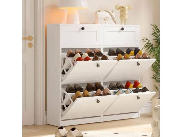 Meuble à Chaussures -VOWNER - Meuble d'entrée Rangement pour Chaussures -Commode à Chaussures - 100 x 105 x 24 cm - Blanc