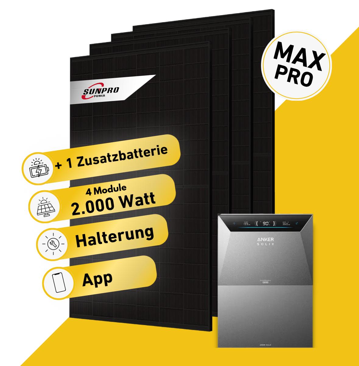 Balkonstrom Balkonkraftwerk 2000W mit Speicher | 1xZusatzspeicher | Fassadenhalterung 90 Grad | 4xSolarmodul Bifazial | Anker Solix 4 Pro |Kabel 15m