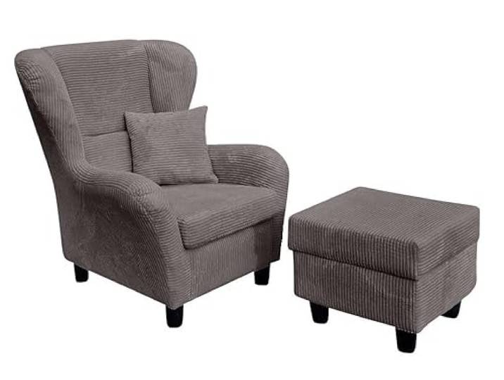 luma-Home 18019/ Ohrensessel mit Hocker im Landhaus-Stil, Grau B90/H98/T76 cm, hoher Sitzkomfort durch Wellenunterfederung, Lesesessel mit Echtholzfüßen & Zierkissen, Cord-Bezug