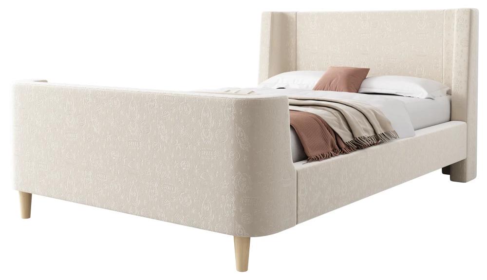 Kinderbett - Einzelbettgestell - 90 x 200 cm - Beige - Samtbezug - Sternenmuster - Stauraum - Ohne Matratze