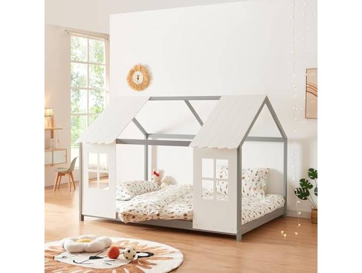 [en.casa] Kinderbett Tostedt Hausbett Jugendbett Bettenhaus Halboffenes Design Montessori Bett aus massiver Kiefer Bettgestell Holz 120x200cm Grau/Weiß