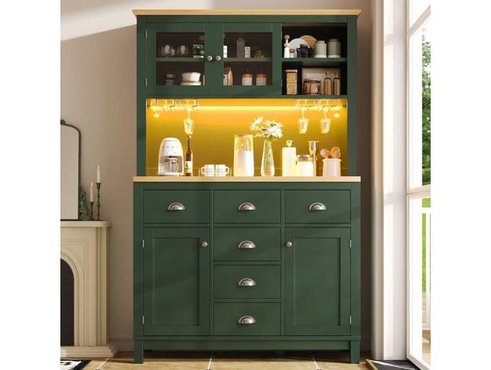 Buffet armoire haute 104x40x180cm 4 portes barre LED intégrée et porte-gobelets grand rangement pour cuisine et salon vert