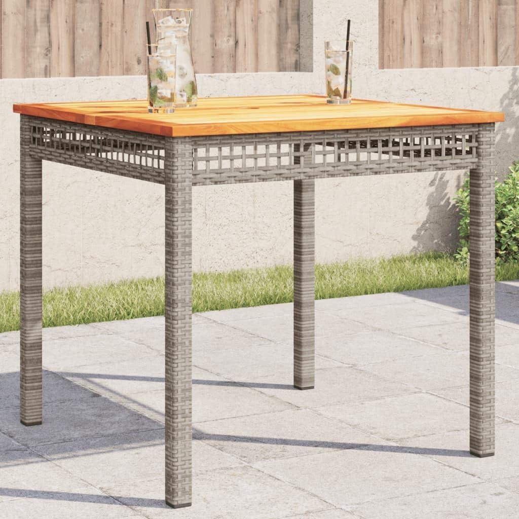 Grauer Gartentisch 80x80x75 cm aus Poly-Rattan mit Tischplatte aus Akazienholz und pulverbeschichtetem Stahlrahmen für Balkon, Terrasse und Veranda