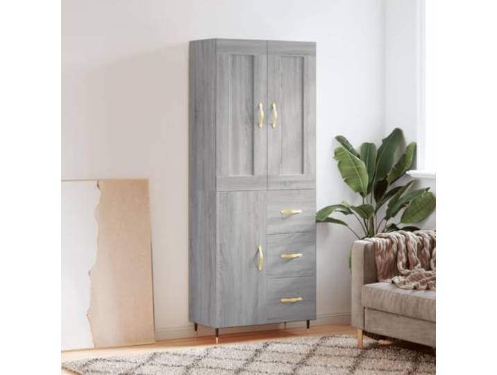 Elegantes Highboard mit Metallfüßen aus langlebigem Holzwerkstoff in Grau Sonoma – Modernes Design Schrank mit viel Stauraum für das Wohnzimmer und Sicherheitshinweis zur
