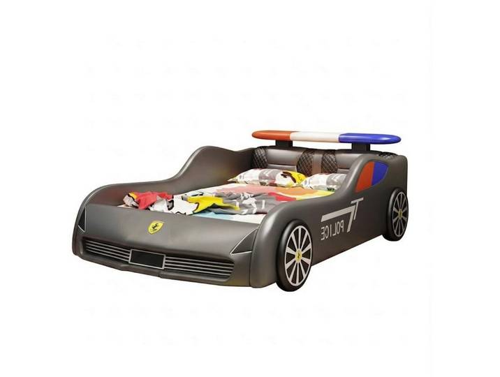 Xlmoebel Autobett Graues Kinderbett im Polizeiauto-Design mit LED-Beleuchtung, Made in Europa
