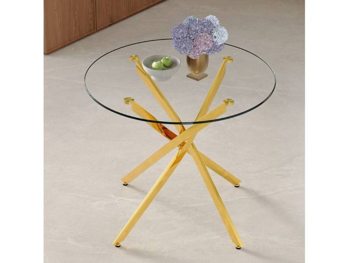 VUENOR Table à manger ronde 88 cm doré transparent – verre trempé 2 à 4 personnes