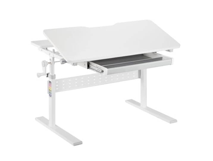 Spacetronik Kinderschreibtisch Höhenverstellbar 80x60 cm Schreibtisch Kinder mit Neigbarer Tischplatte 0-40°, Kinder Schreibtisch mit Schublade & Haken für Rucksack, Weiß