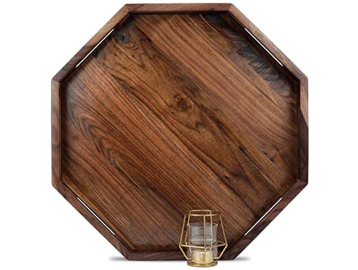 MAGIGO Ottoman-Tablett mit Griffen, achteckig, Walnussholz, 50,8 cm Serviertablett für Tee, Kaffee, klassisch, extra groß, dekoratives Serviertablett aus Holz