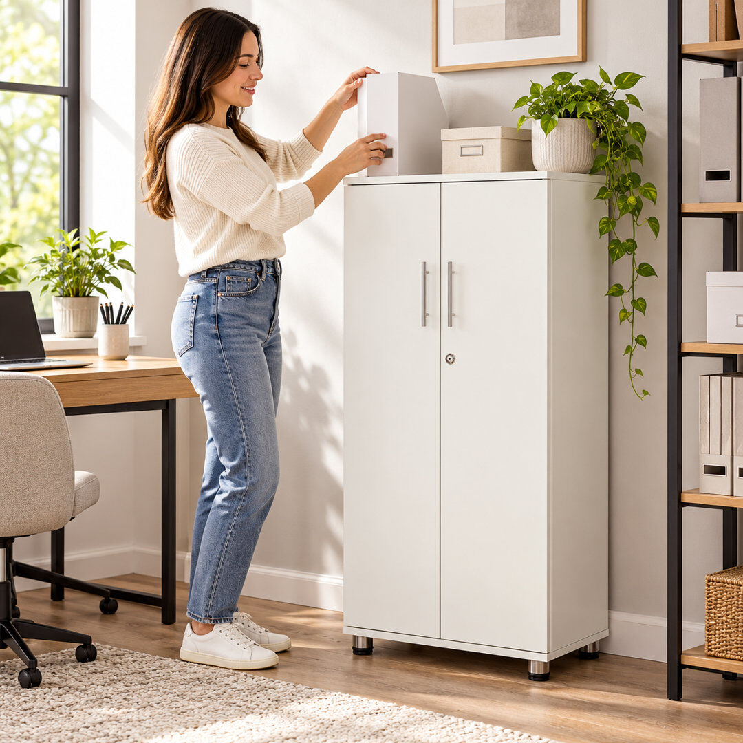 17 Stories Fonte Storage Cabinet with Lock, 2 Door 2 Shelf Storage Cupboard File Cabinet White 125cm H X 55cm W X 35cm D