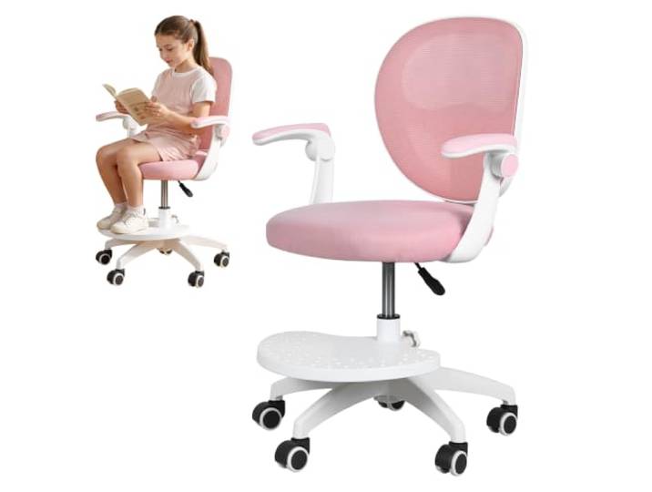 Kinder-Schreibtischstuhl mit Fußstütze, Klapparmlehnen, Mesh-Drehstuhl Für Kinder 3-12 J., flexibler Sitzkomfort; ideal für Hausaufgaben, Kinderzimmer & Lernbereiche Rosa