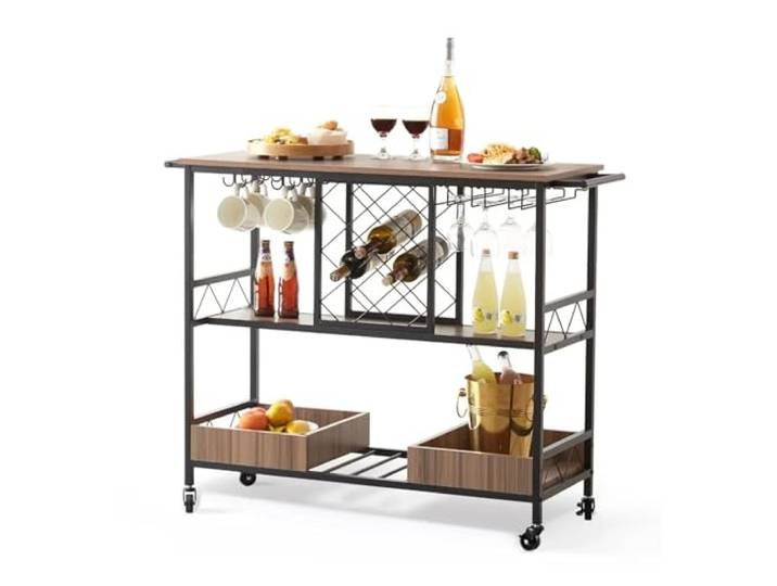 XXAD553TY Essen 3-stufiger Bar-Servierwagen, Rollwagen Mit Weingitter-Glashalter, Küchenmöbel