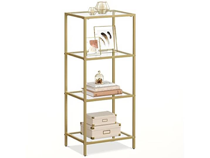 VASAGLE Regal mit 4 Ablagen, Badregal, gehärtetes Glas Einfache Montage, für Badezimmer, Wohnzimmer, Küche, Büro, transparent-metallisches Gold, BARIS Kollektion LGT28G