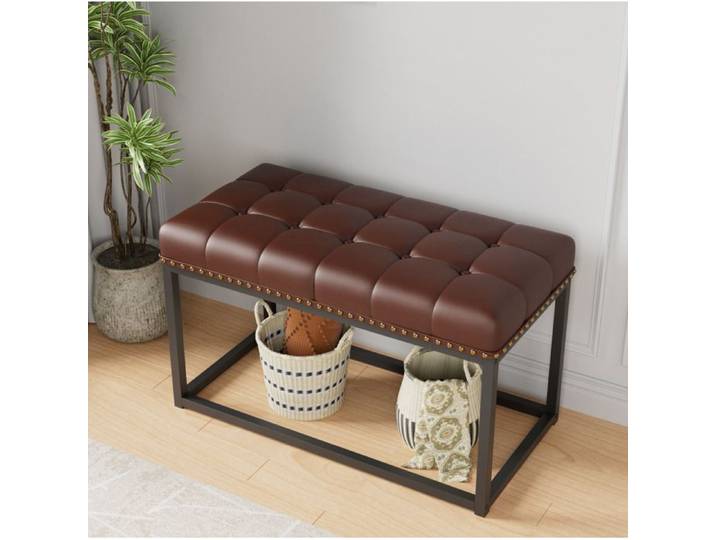 MEULVA Banc vintage capitonné 36 pouces simili cuir marron structure en métal style industriel