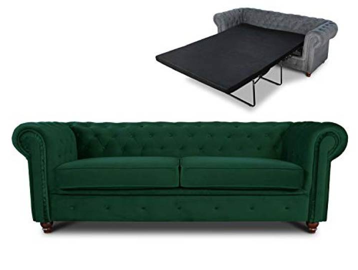 Sofnet - Schlafsofa Chesterfield Asti Bis 3-Sitzer (Dunkelgrün, Velvet 78) Bettsofa, Sofa mit Schlaffunktion, 3-Sitzer, Couch, Bettfunktion, Veloursstoff, Holzfüße, Chesterfield Stil