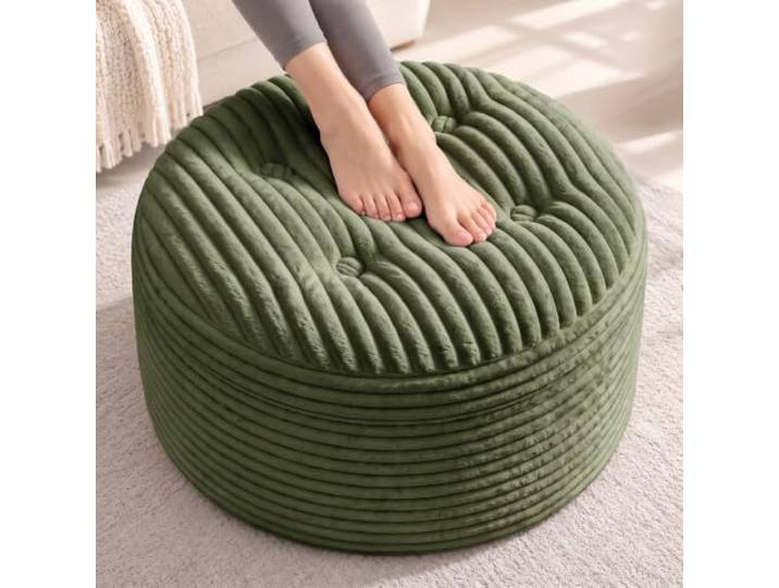 Fabulcozy Runder Ottoman 64 cm aus Dickem Cordstoff, Gepolsterter Hocker mit Griff, Fußstütze und Zusätzliche Sitzgelegenheit für Wohnzimmer, Schlafzimmer und Büro,Grün