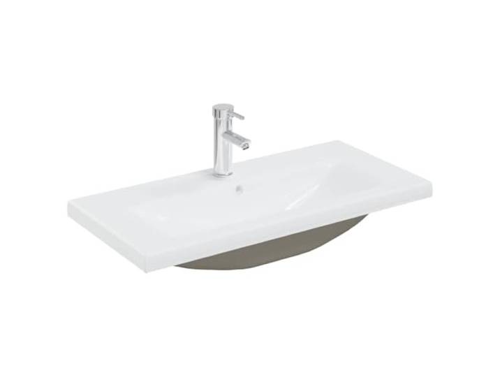Waschbecken mit Wasserhahn, 81 x 39 x 18 cm, Keramik, Weiß Glasoberfläche, leicht zu reinigende Keramik, Wasserhahn mit heißem und kaltem Wasser, Überlauf, Abtropfgestell mit Schieber