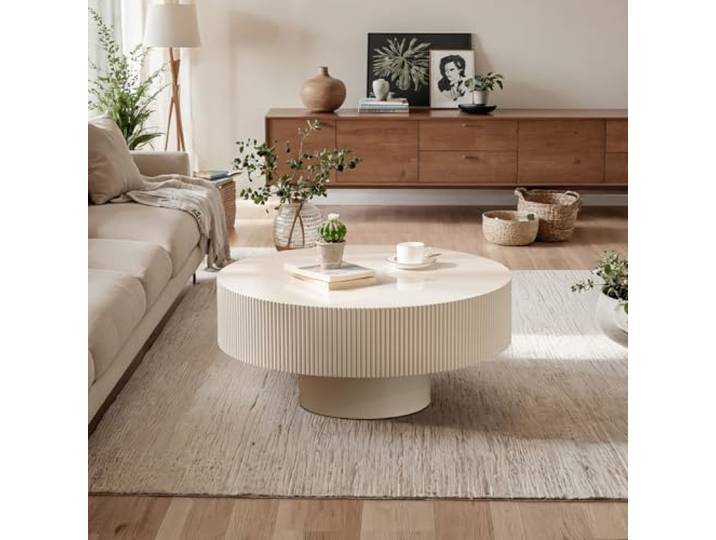 DYHQQ Moderner runder Trommel-Couchtisch fürs Wohnzimmer, minimalistischer runder Beistelltisch aus Holz im Mid-Century-Stil mit stabilem Gestell für die Wohnung,F