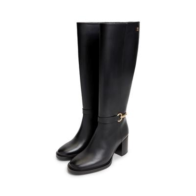 Stiefel TOMMY HILFIGER "TH STUD HEEL RIDING KNEE BOOT", Damen, Gr. 36, Leder Textil, Normalschaft, schwarz, Nappaleder, Schuhe Stiefel, Blockabsatz, Langschaftstiefel mit modischem Zierriegel