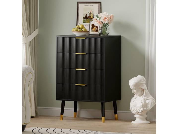 Commode à 4 tiroirs pour chambre à coucher, commode avec poignées dorées, commode haute, petite armoire de rangement en bois pour entrée de salon