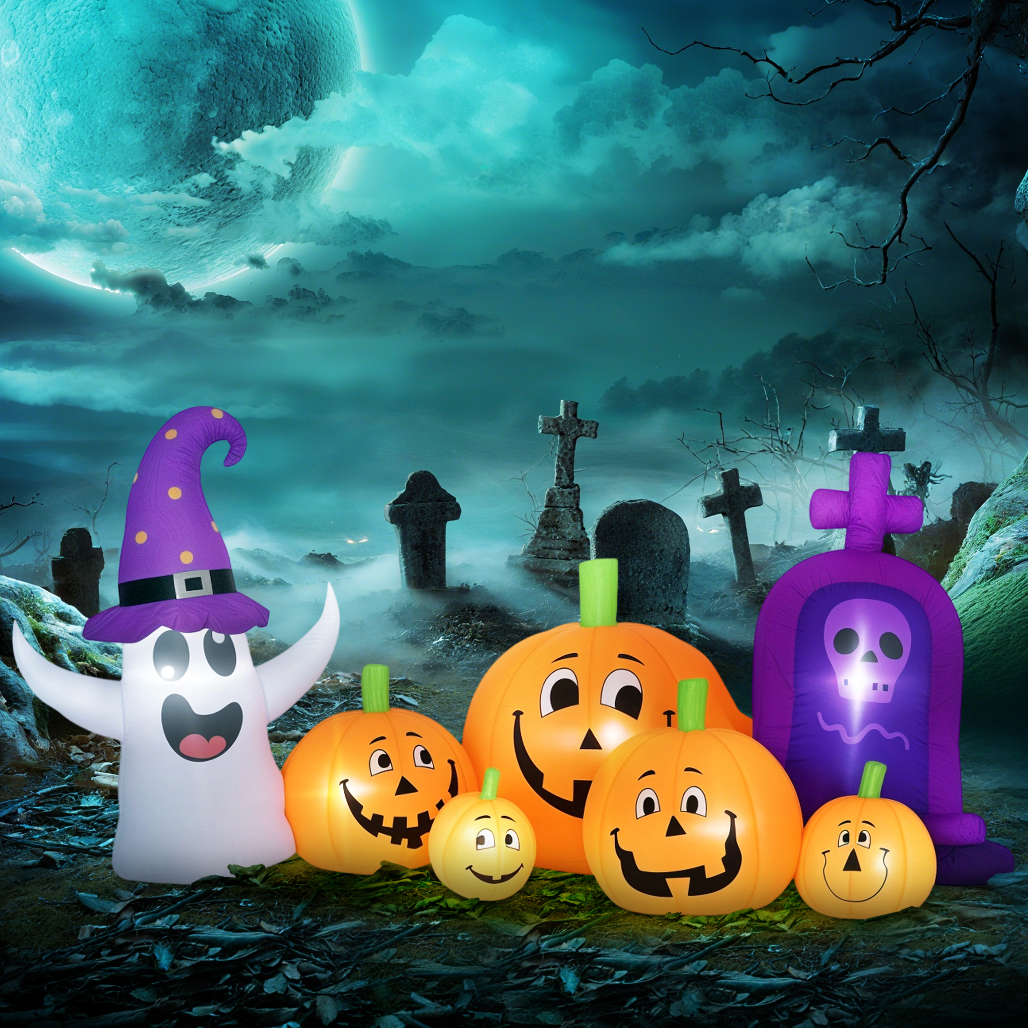 Outsunny Calabaza Gonfiabile di Halloween con Fantasma Lapide con Luci LED IP44 e Gonfiatore per Feste 240x130x130 cm Multicolore   Aosom Italy