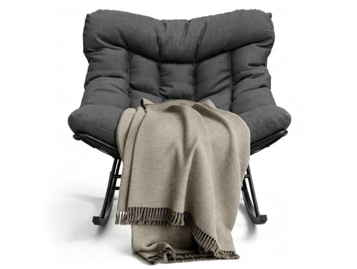 Koioplie Papasan-Schaukelstuhl XXL Metall 175 kg Schwarz/Grau Outdoor Dickes Sitzkissen, Breite Sitzfläche, Fester Rahmen, Balkonbereich