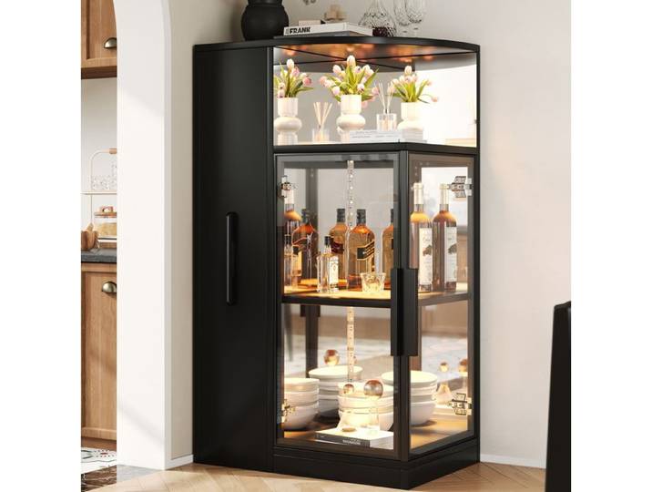SENVIRO Vitrine en verre avec LED 64 x 42 x 112 cm meuble latéral extensible noire