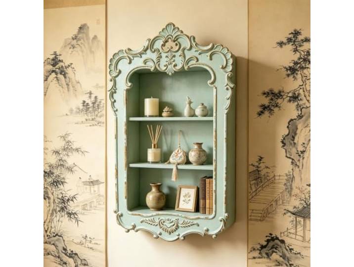 Wandregal im französischen Stil, dekoratives Wandboard aus Massivholz Vintage Design, Wandmontage, Platzsparend, Einfache Montage, Wohnzimmer Deko(Green)