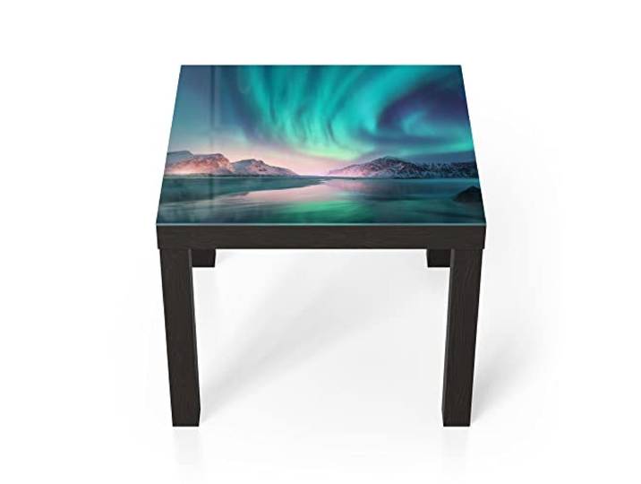 DEQORI Glastisch schwarz klein 55x55 cm Motiv Das Nordlicht der Lofoten ausgefallener Beistelltisch aus Glas Hochglanz Couchtisch fürs Wohnzimmer moderner Couch Tisch mit Design