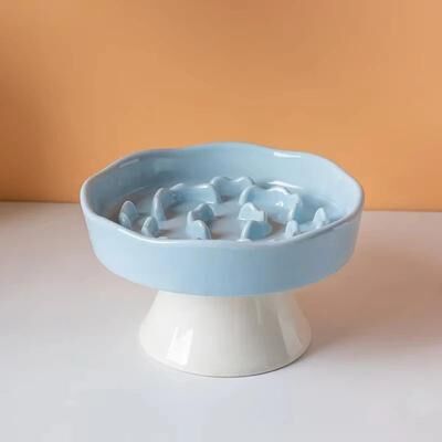Inspired Living Elevated Ceramic Slow Feeder Cat Bowl With Neck Support & Anti Tip Design blue