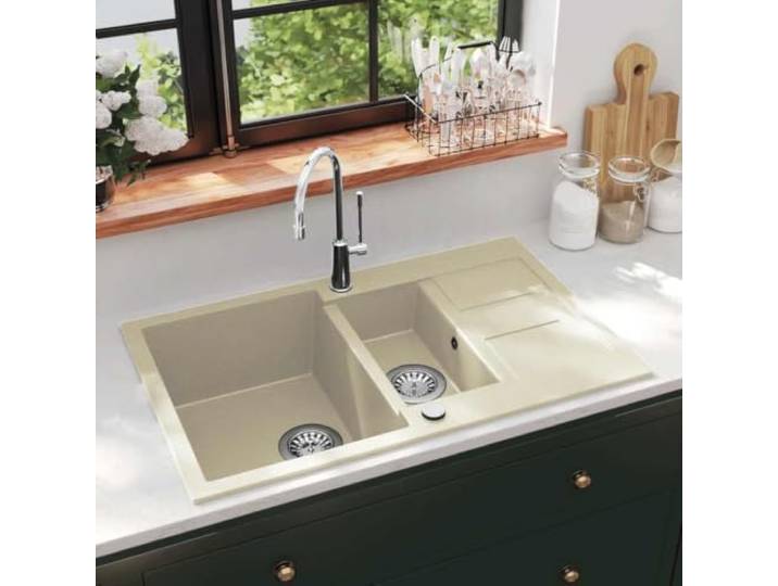 KFPOERTFGD Granitspüle Doppelbecken Einbauspüle Beige 800x500mm Reversibel einbaubar, Hitzebeständig bis 280 C, Inklusive Siebkörbchen