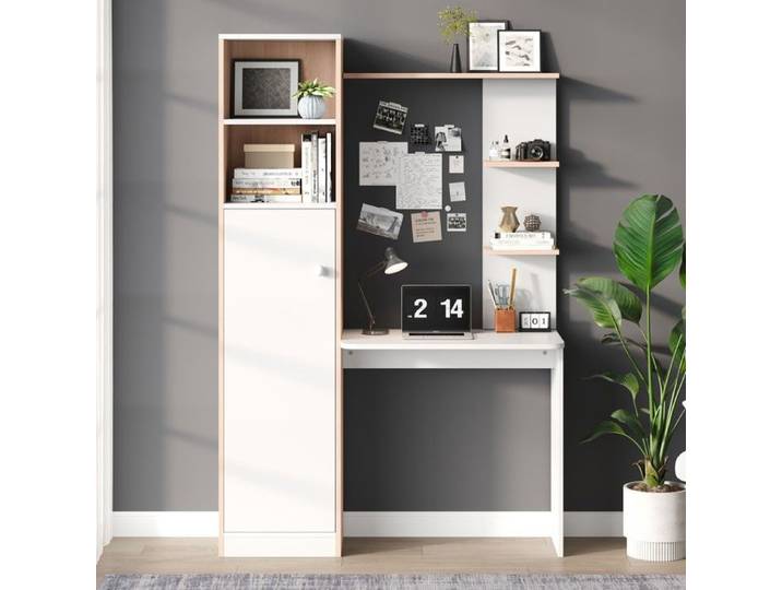 Bureau avec rangements partie inférieure avec portes partie supérieure avec étagères ouvertes blanc