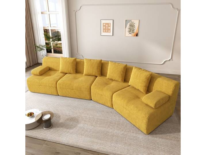 Canapé compressé au design épuré 311×90×65cm quatre places tissu velours côtelé combinaisons libres aucun montage requis jaune