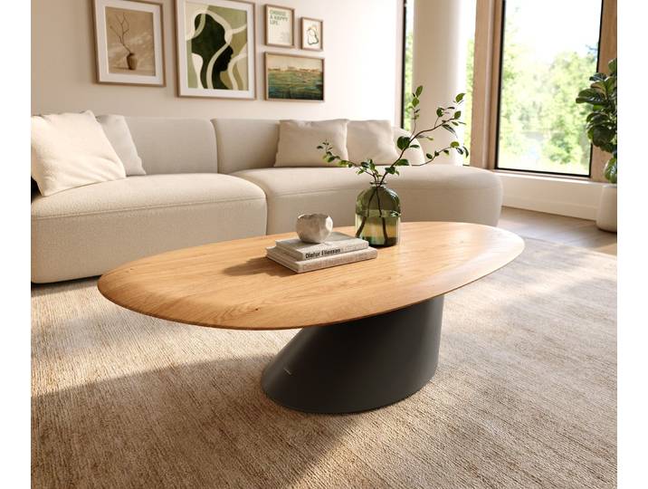 DELIFE Couchtisch Edge Oval 140x75 cm Eiche Natur Runde Kante Conis Metall Schwarz, Couchtische