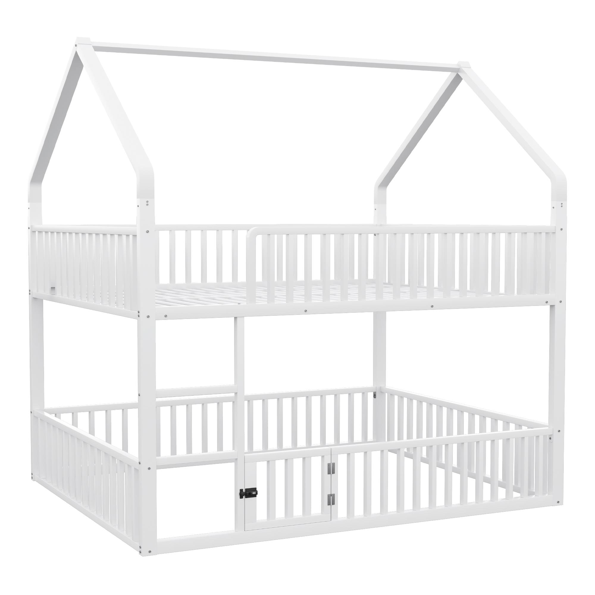 Kinder-Etagenbett 90*200 cm, Metall-Doppelbett, Etagenbett mit Treppe, Loft-Design, Unteres Bett mit kleiner Tür zum Öffnen und Schließen, Weiß , Metall, 200 cm, 90 cm