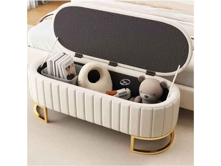 WOVREO banc coffre de rangement 120 cm rembourré en velours beige avec pieds en métal