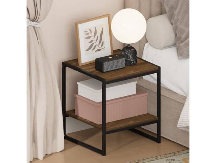 Furinno CAMNUS Nachttisch mit 2 Ebenen, Metallrahmen, Columbia Walnuss Offenes Regal, einfache Montage, Nachttisch, Beistelltisch, Beistelltisch, Nachttisch, für Wohnzimmer, Schlafzimmer