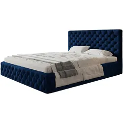 BETT 140x200 - Polsterbett mit Bettkasten und Metallrahmen - Elegant Betten - Glatter Kronos-Stoff - Kollektion Miami, Blau