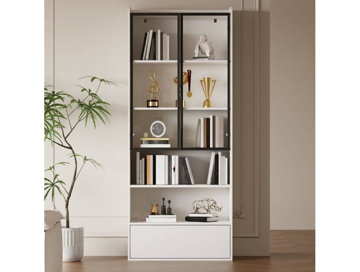 Vitrine haute - meuble vitrine - 80 x 34 x 180 cm - MDF et verre - Blanc - LED - 1 tiroir
