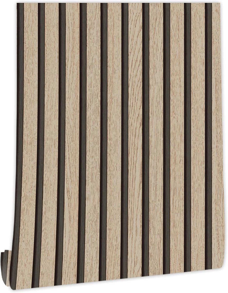 Zelfklevend Behang Houtlook met Rustiek Gestreept Design in Beige en Zwart, Breedte: 44 cm, Lengte: 600 cm